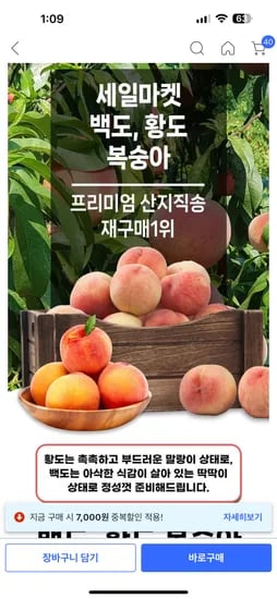 쿠팡) 13브릭스 황도 복숭아 2kg 소과 10과수미만 12,910원