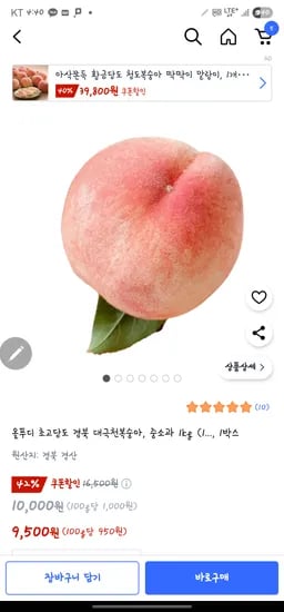 쿠팡) 초고당도 대극천복숭아, 1박스, 중소과 1kg (12~15과) 9,500원