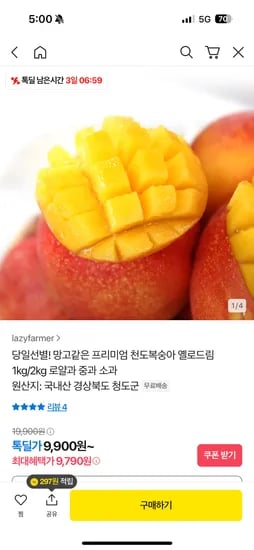 카카오) 옐로드림 망고복숭아 1kg 9790원 무배