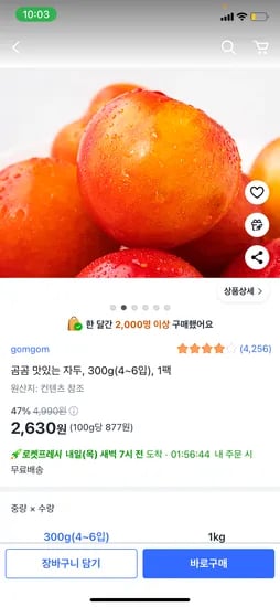 쿠팡프레시) 곰곰 맛있는 자두 300g (4~6입) 2,630원