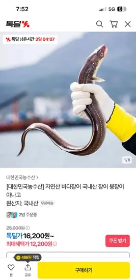 톡딜) 자연산 바다장어 1kg 4-6미(손질후700g) 12,200원 무배