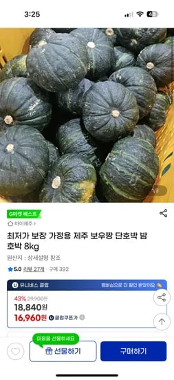 지마켓) 제주 보우짱 미니 밤단호박 8kg 16,960원