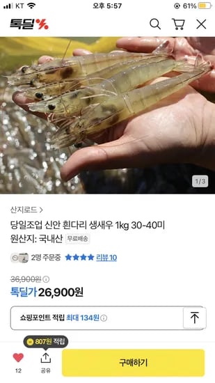 톡딜) 당일조업 신안 흰다리 생새우 1kg 30-40미 25,900원 무배