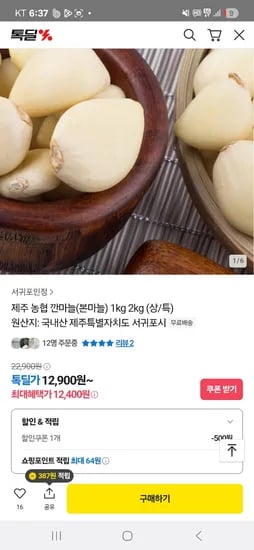 카카오)제주 농협 깐마늘 상품 1kg 12400원 무료배송