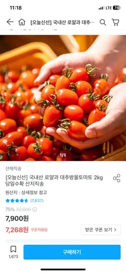 오늘의집)대추방울토마토 2kg 로얄과 6,768원 무료배송