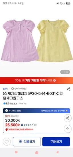 지마켓) 블루독 깅엄체크 원피스 25,500원 무배