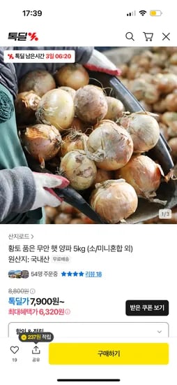 카카오톡딜) 무안 햇 양파 5kg (소/미니혼합 외) 5,320원 무배