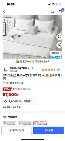 쿠팡)냉감 패드 2장+냉감 필로우 커버 2장 57900원 무배