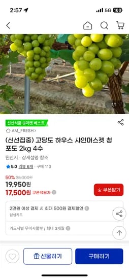 지마켓) 고당도 하우스 샤인머스켓 청포도 2kg 4수 17,500원 무배