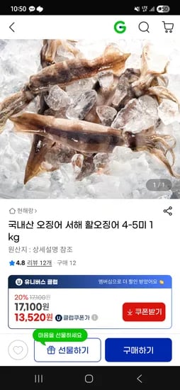 지마켓)국내산 서해 활오징어 4-5미 1kg 13,520원