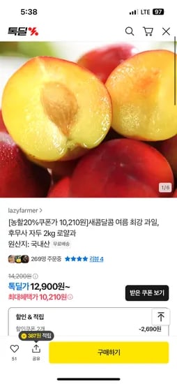 카카오)후무사자두 2kg 로얄과(개당 75g내외) 10,210원 무배