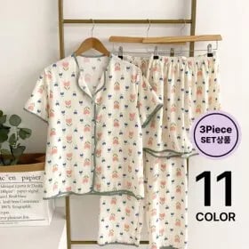 GS샵) 헤이븐 여성 산들 지지미 상하복 3피스 잠옷 세트 13,600원