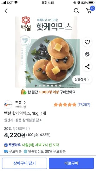 쿠팡) 백설 핫케이크믹스 1kg 2,980원