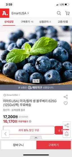 옥션) 미국/칠레 생블루베리 125g 5팩 16,170원