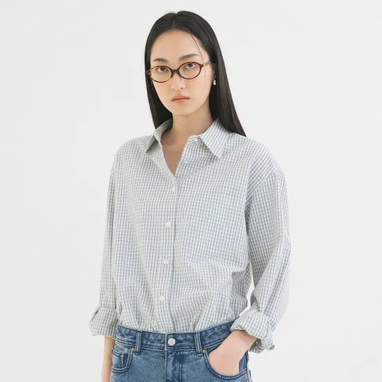 루즈핏 시어서커 체크 셔츠 블루