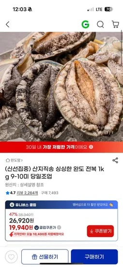 완도 전복 1kg 9-10미