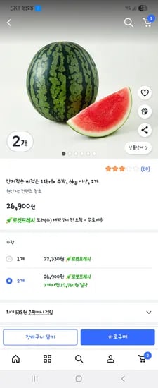 씨 적은 수박 11birx 6kg이상 2개 26,900원