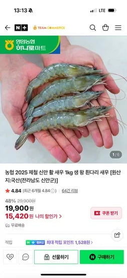 팀커머스 신안 활 흰다리 새우 1kg