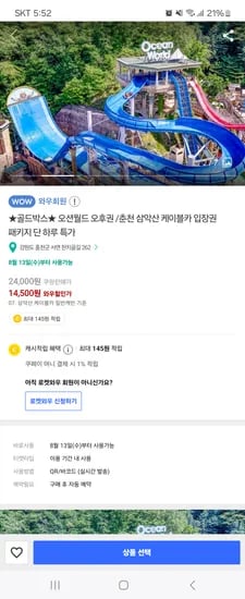 오션월드 핫썸머 오후권 구명조끼 삼악산 케이블카 일반캐빈