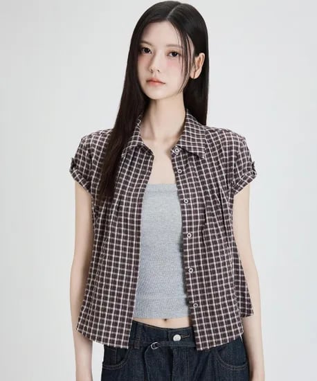 미쏘 롤업 체크반팔 셔츠