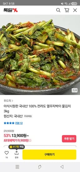 국산 전라도 열무자박이 물김치 3kg ₩9,900