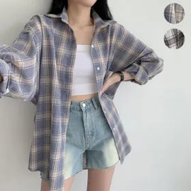 박남매 여름용 오버핏 롱 체크 셔츠