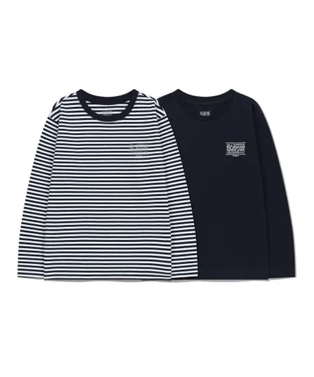 마리떼키즈 솔리드 스트라이프 로고 롱슬리브 2팩