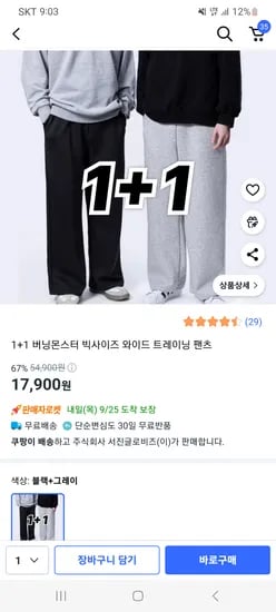 빅사이즈 와이드 트레이닝팬츠 1+1