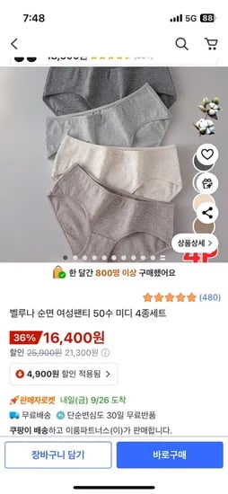 벨루나 순면 50수 여성팬티 4종세트
