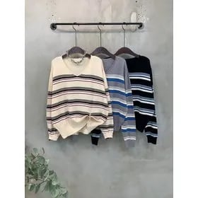 스트라이프 브이넥 긴팔 니트