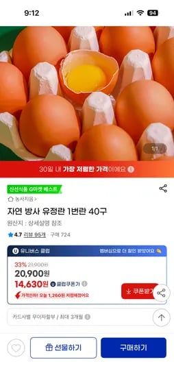 자연 방사 유정란 1번란 40구