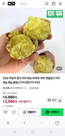 햇고구마 해남 비세척 세척 꿀밤고구마 3kg 5kg