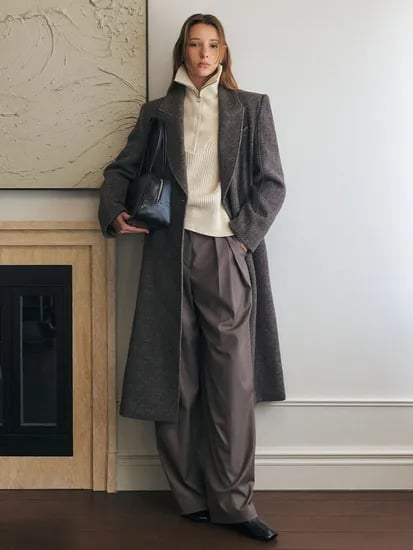 울 헤링본 테일러드 롱 코트 BROWN