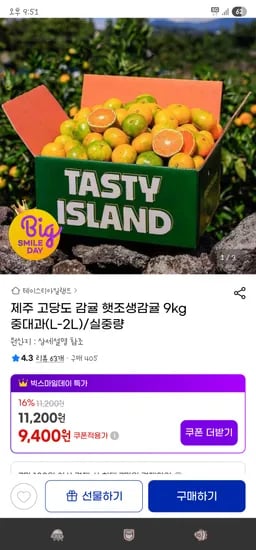 햇 조생감귤 중대과 9kg