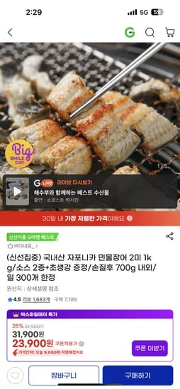 국내산 자포니카 민물장어 2미 1kg 소스2종 초생강