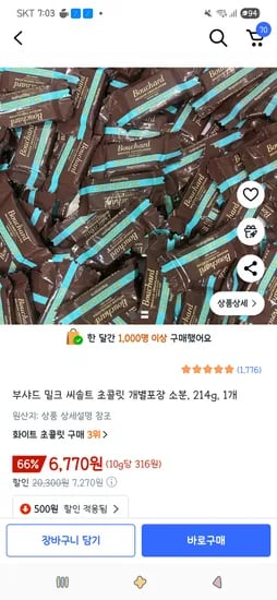 부샤드 밀크 씨솔트 초콜릿 개별포장 소분 214g 1개