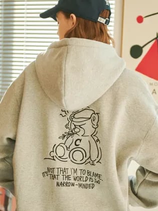 꼼파뇨 기모 트렘블링 베어 자수 후드 집업 그레이
