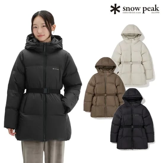 스노우피크 피코 여성 후드 벨티드 다운 자켓 캠핑룩
