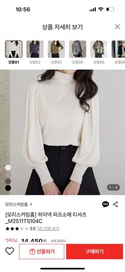 하이넥 퍼프소매 티셔츠