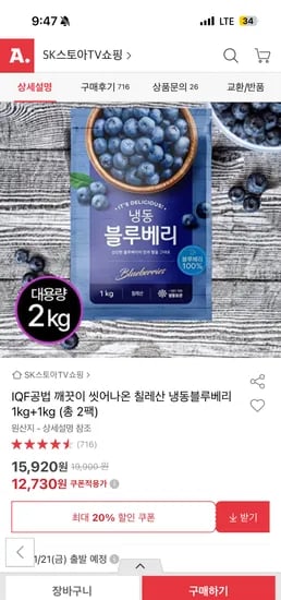 칠레산 세척 냉동 블루베리 2kg