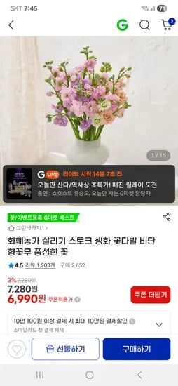 스토크 생화 꽃다발 비단향꽃무 6,990원
