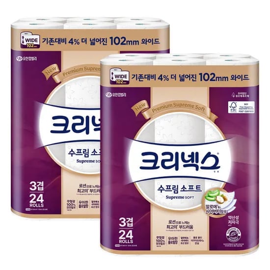 크리넥스 수프림소프트 와이드 30m 24롤 2팩 33,500원