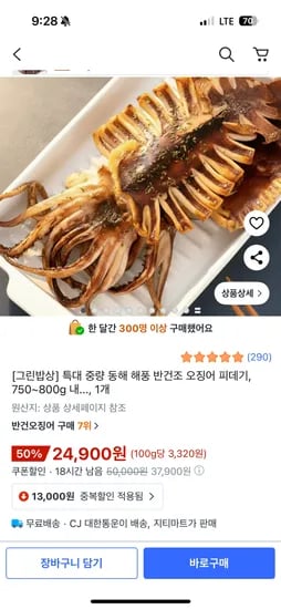 동해 해풍 반건조 오징어 피데기 5마리 750~800g