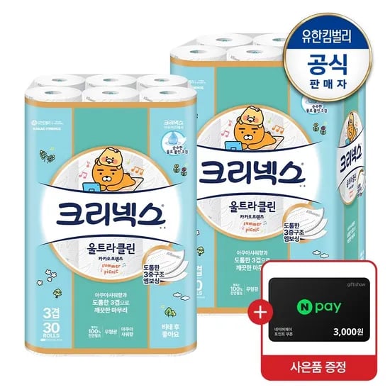 크리넥스 울트라클린 카카오 춘식이 27m 30롤 2팩 25,470원