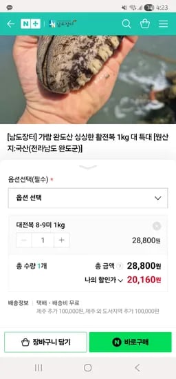 완도산 활전복 1kg 대사이즈