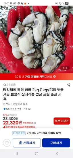 통영 생굴 1kgX2팩