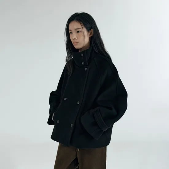 하이넥 오버핏 하프 코트 블랙