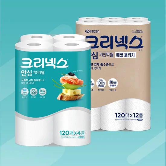크리넥스 안심 키친타월 120매 36롤 스트롱뽑타 40매 수세미 3매