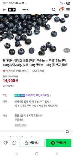 생블루베리 125g 4팩