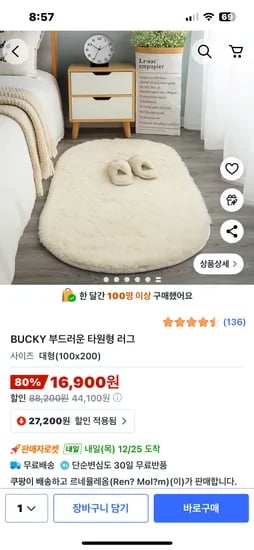 극세사 타원형 러그 100x200
